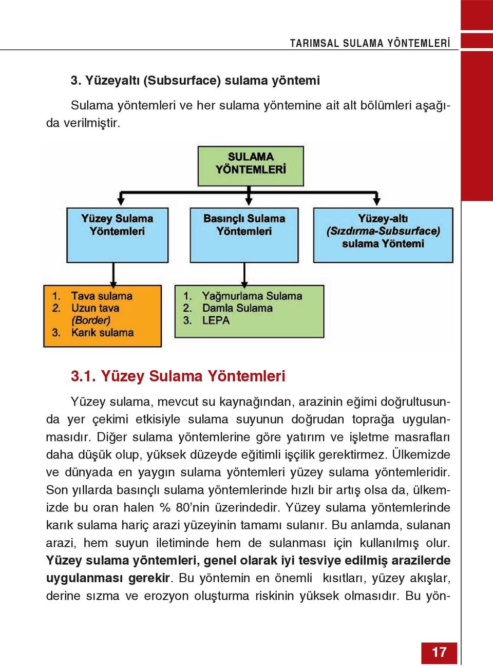 Diğer sulama yöntemlerine göre yatırım ve işletme masrafları daha düşük olup, yüksek düzeyde eğitimli işçilik gerektirmez. Ülkemizde ve dünyada en yaygın sulama yöntemleri yüzey sulama yöntemleridir.