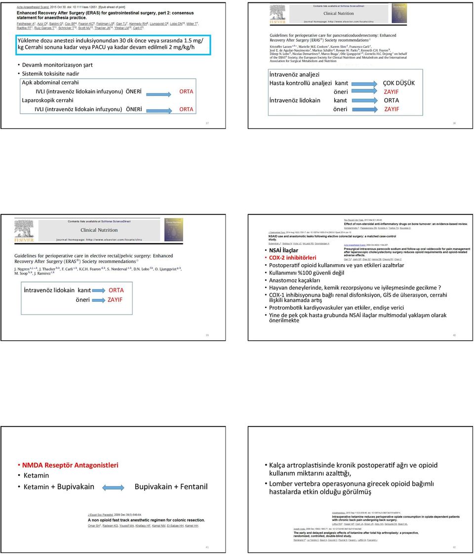 Laparoskopik cerrahi IVLI (intravenöz lidokain infuzyonu) ÖNERİ İntravenöz analjezi Hasta kontrollü analjezi kanıt ÇOK DÜŞÜK öneri ZAYIF İntravenöz lidokain kanıt öneri ZAYIF 37 38 İntravenöz