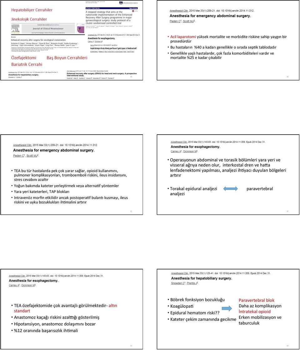 yarar sağlar, opioid kullanımını, pulmoner komplikasyonları, tromboemboli riskini, ileus insidansını, stres cevabını azaldr Yoğun bakımda kateter yerleş7rmek veya alterna7f yöntemler Yara yeri