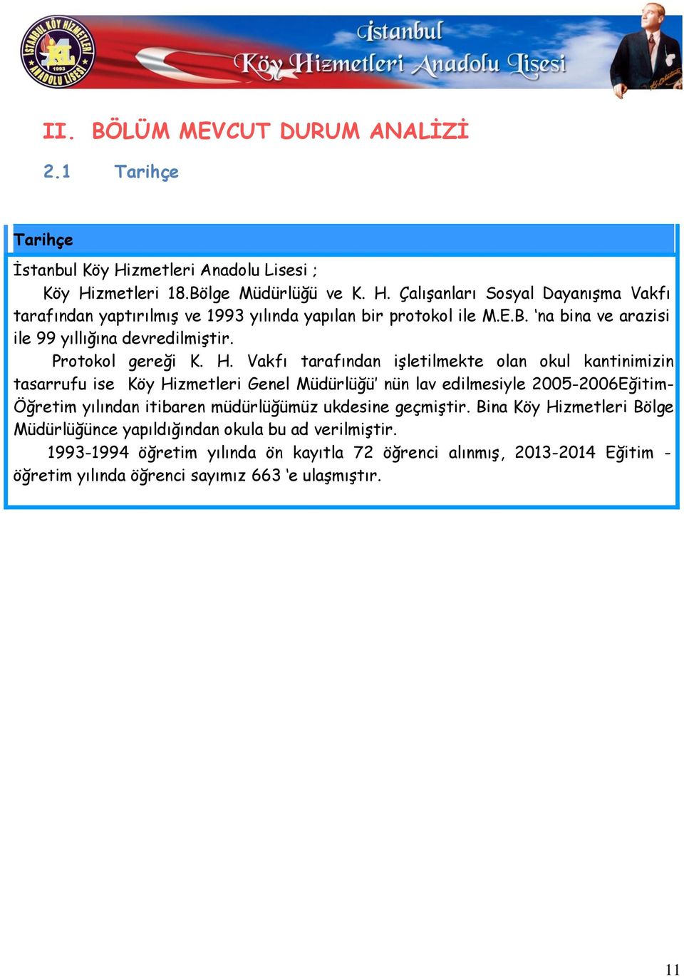 Vakfı tarafından iģletilmekte olan okul kantinimizin tasarrufu ise Köy Hizmetleri Genel Müdürlüğü nün lav edilmesiyle 2005-2006Eğitim- Öğretim yılından itibaren müdürlüğümüz