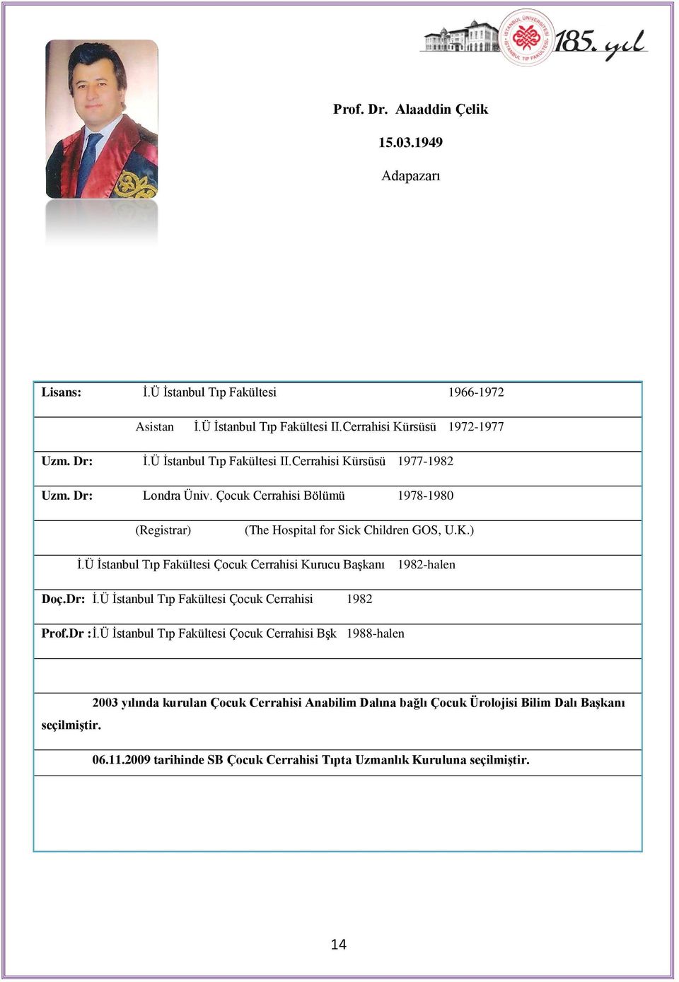 Ü Ġstanbul Tıp Fakültesi Çocuk Cerrahisi Kurucu BaĢkanı 1982-halen Doç.Dr: Ġ.Ü Ġstanbul Tıp Fakültesi Çocuk Cerrahisi 1982 Prof.Dr : Ġ.