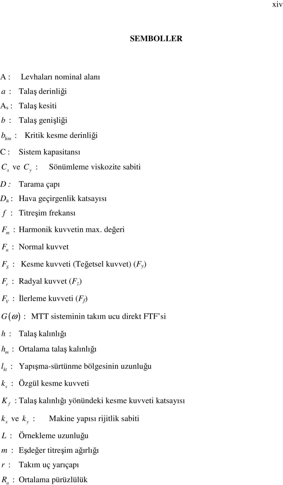 değeri F n : Normal kuvvet F S : Kesme kuvveti (Teğetsel kuvvet) (F y ) F r : Radyal kuvvet (F z ) F V : İlerleme kuvveti (F f ) G ( ω ) : MTT sisteminin takım ucu direkt FTF si h : Talaş kalınlığı