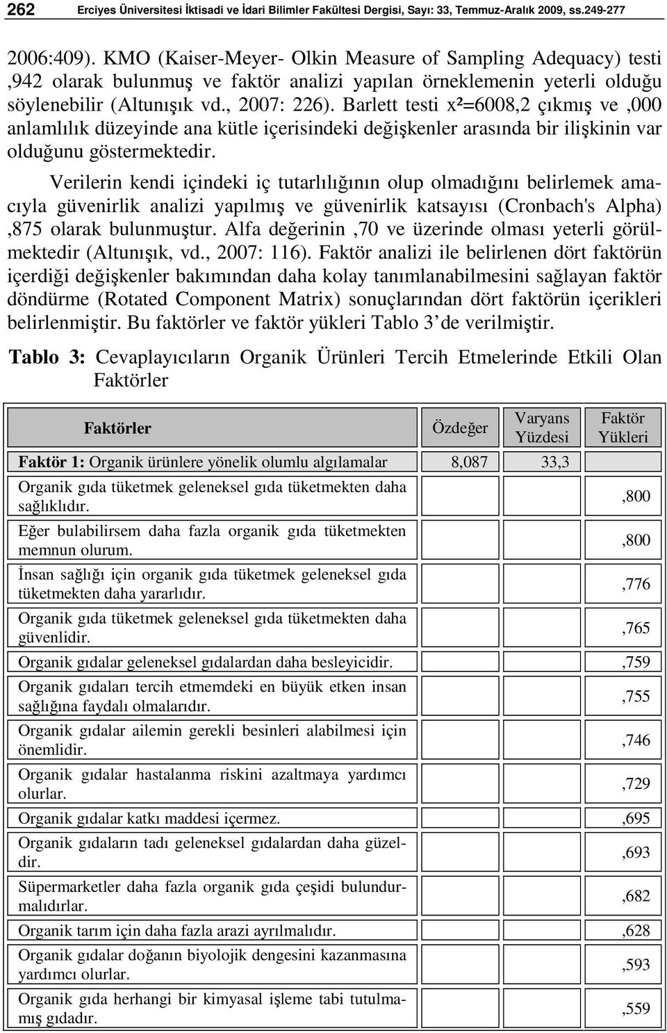 Barlett testi x²=6008,2 çıkmış ve,000 anlamlılık düzeyinde ana kütle içerisindeki değişkenler arasında bir ilişkinin var olduğunu göstermektedir.