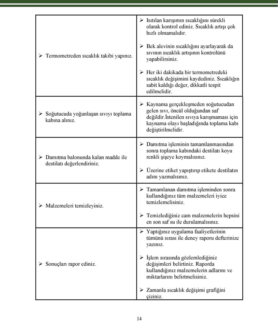 Sıcaklığın sabit kaldığı değer, dikkatli tespit edilmelidir. Soğutucuda yoğunlaşan sıvıyı toplama kabına alınız. Damıtma balonunda kalan madde ile destilatı değerlendiriniz. Malzemeleri temizleyiniz.