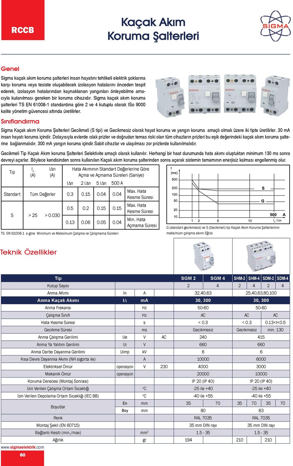 Sigma kaçak akım koruma şalterleri TS EN 61008-1 standardına göre 2 ve 4 kutuplu olarak ISo 9000 kalite yönetim güvencesi altında üretilirler.