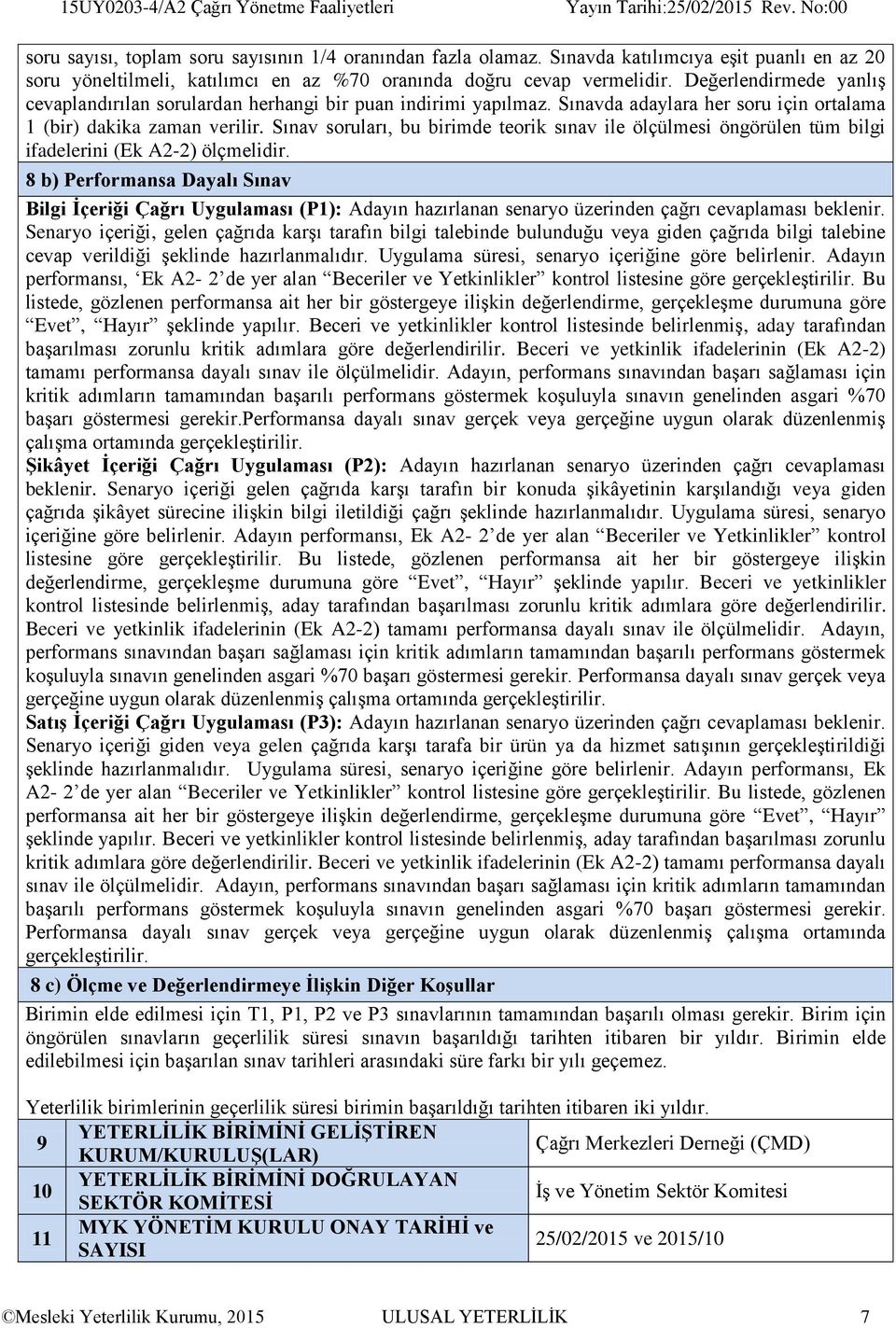 Sınavda adaylara her soru için ortalama 1 (bir) dakika zaman verilir. Sınav soruları, bu birimde teorik sınav ile ölçülmesi öngörülen tüm bilgi ifadelerini (Ek A2-2) ölçmelidir.