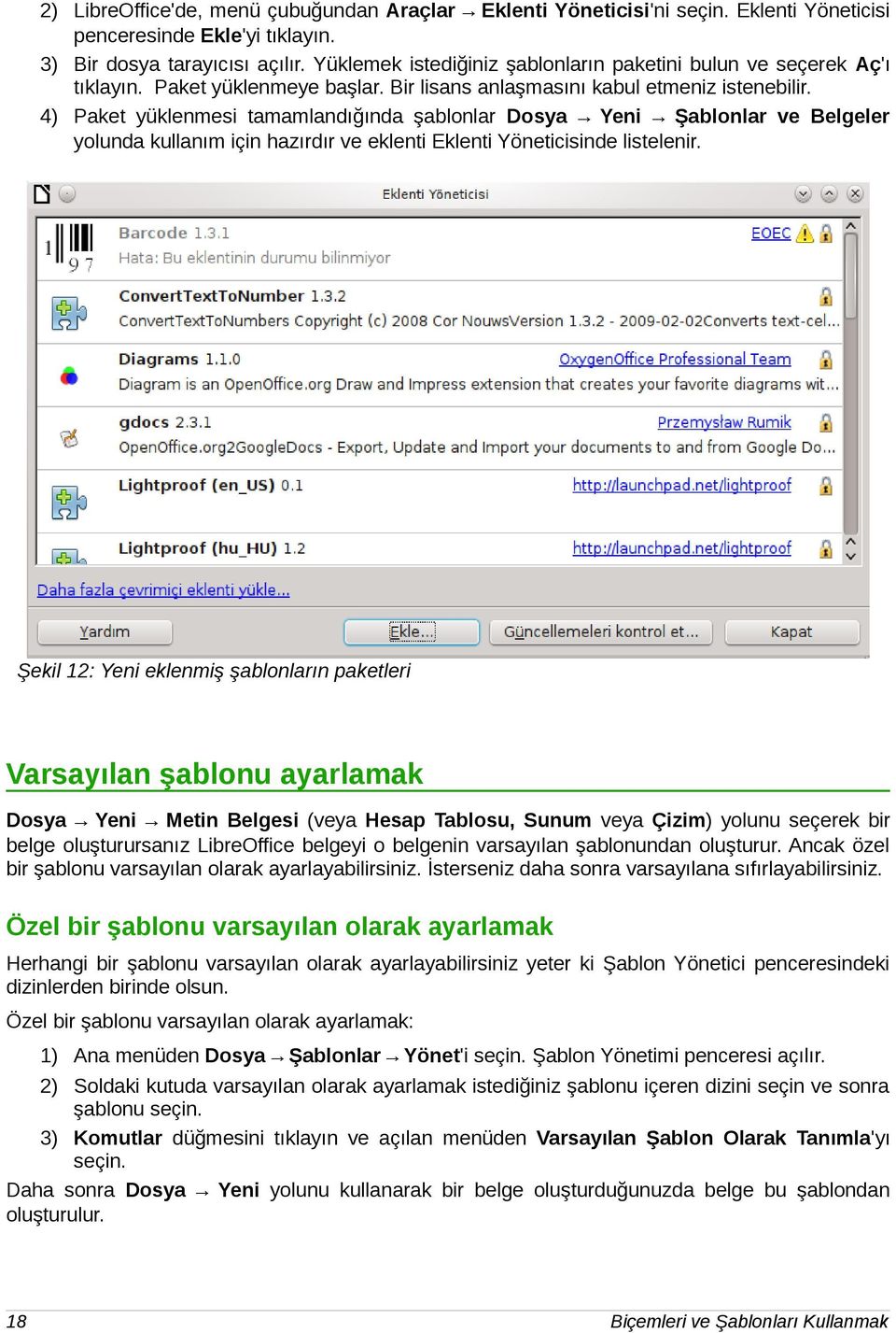 4) Paket yüklenmesi tamamlandığında şablonlar Dosya Yeni Şablonlar ve Belgeler yolunda kullanım için hazırdır ve eklenti Eklenti Yöneticisinde listelenir.