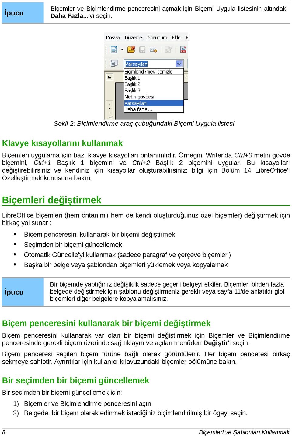 Örneğin, Writer'da Ctrl+0 metin gövde biçemini, Ctrl+1 Başlık 1 biçemini ve Ctrl+2 Başlık 2 biçemini uygular.