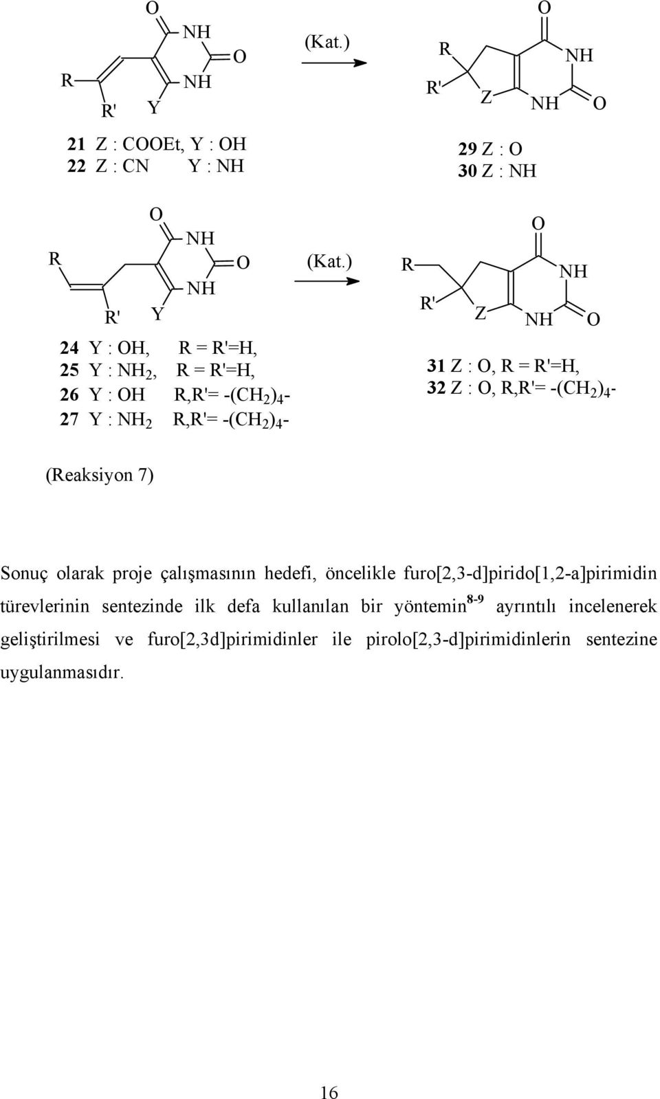 ) R R' R' R 29 Z : 30 Z : Z Z 31 Z :, R = R'=H, 32 Z :, R,R'= -(CH 2 ) 4 - (Reaksiyon 7) Sonuç olarak proje çalışmasının