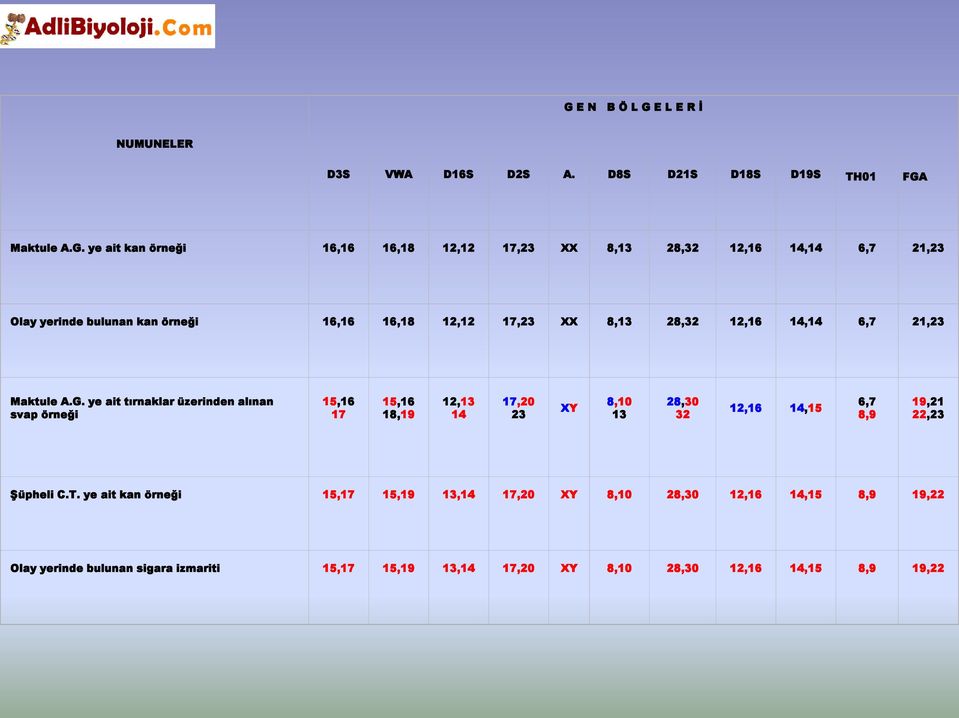 ye ait tırnaklar üzerinden alınan svap örneği 15,16 17 15,16 18,19 12,13 14 17,20 23 XY 8,10 13 28,30 32 12,16 14,15 6,7 8,9 19,21 22,23 Şüpheli C.T.