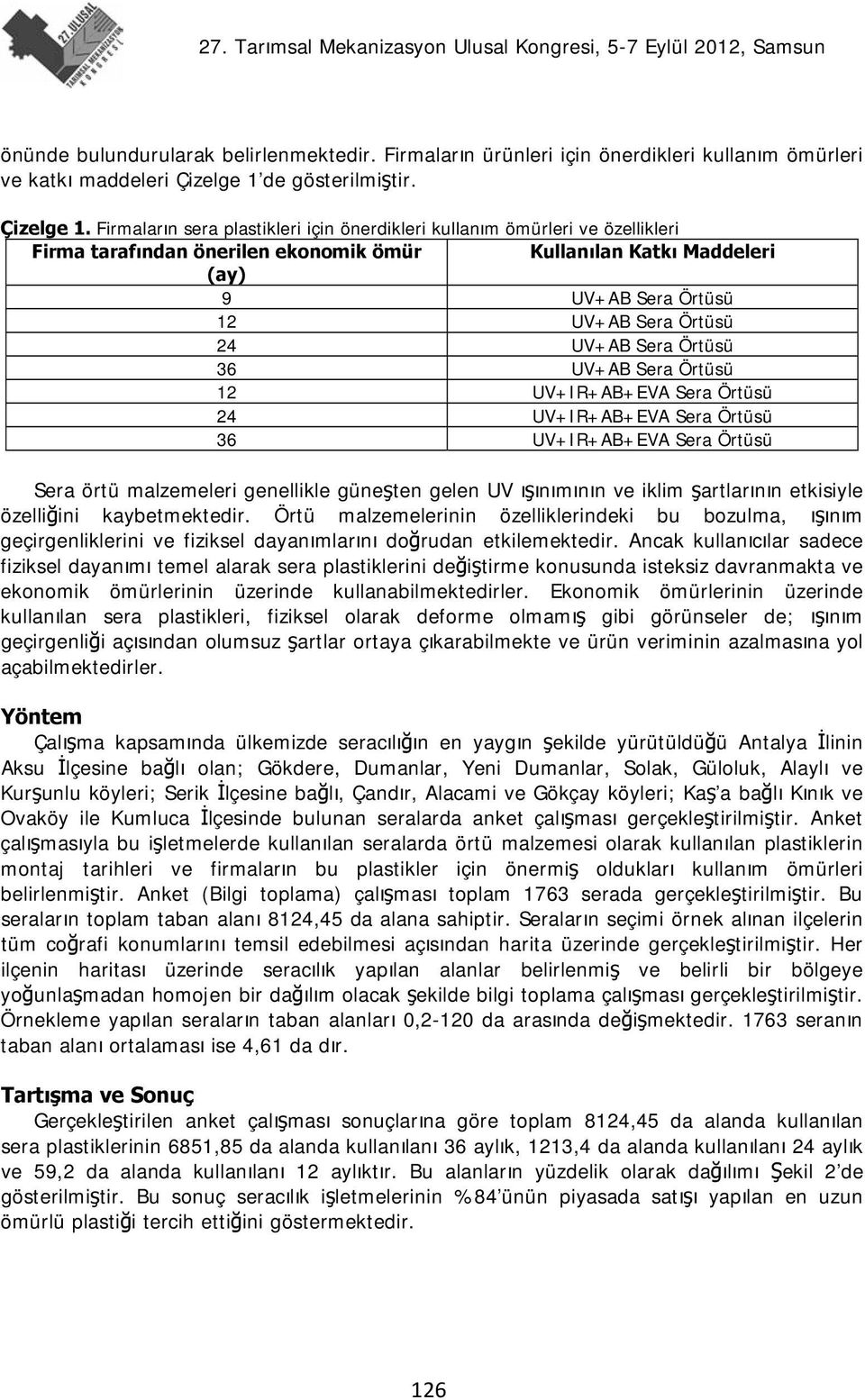 Firmaların sera plastikleri için önerdikleri kullanım ömürleri ve özellikleri Firma tarafından önerilen ekonomik ömür Kullanılan Katkı Maddeleri (ay) 9 UV+AB Sera Örtüsü 12 UV+AB Sera Örtüsü 24 UV+AB