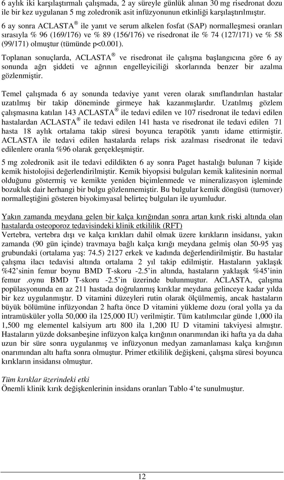 001). Toplanan sonuçlarda, ACLASTA ve risedronat ile çalışma başlangıcına göre 6 ay sonunda ağrı şiddeti ve ağrının engelleyiciliği skorlarında benzer bir azalma gözlenmiştir.