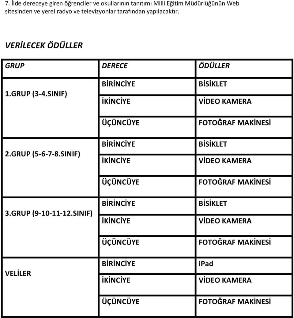 yapılacaktır. VERİLECEK ÖDÜLLER GRUP DERECE ÖDÜLLER 1.GRUP (3-4.SINIF) 2.