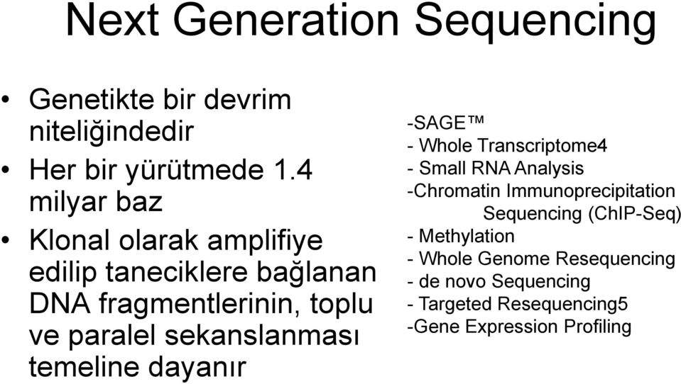 sekanslanması temeline dayanır -SAGE - Whole Transcriptome4 - Small RNA Analysis -Chromatin
