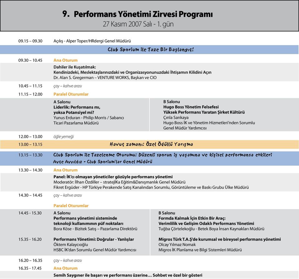 Gregerman VENTURE WORKS, Başkan ve CIO 11.15 12.00 Paralel Oturumlar 12.00 13.00 öğle yemeği A Salonu Liderlik: Performans mı, yoksa Potansiyel mi?