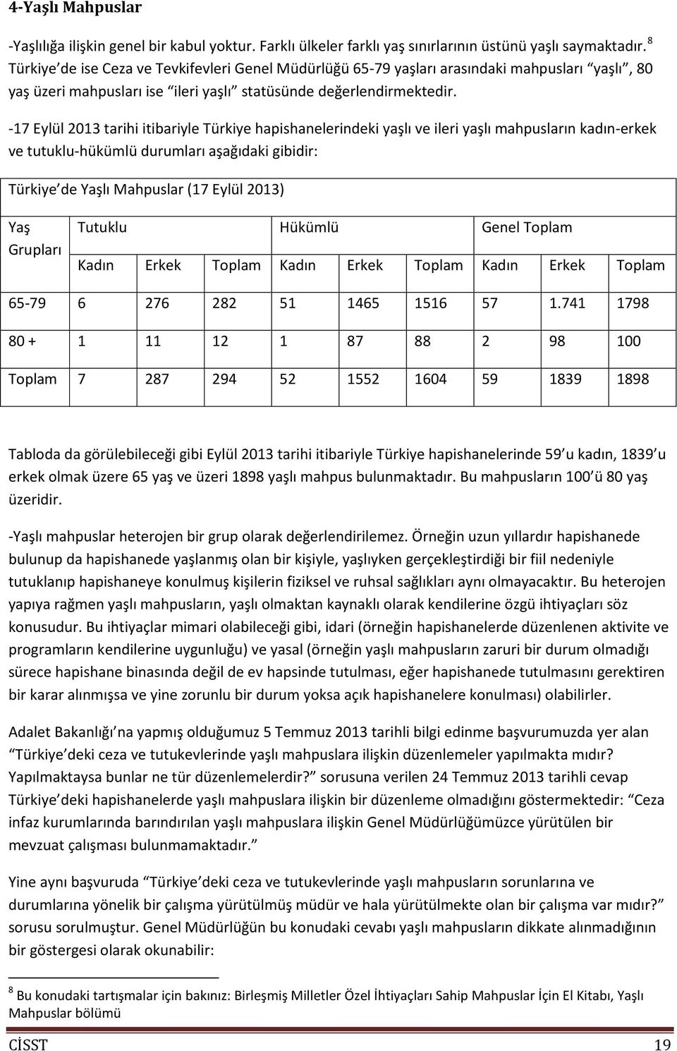 -17 Eylül 2013 tarihi itibariyle Türkiye hapishanelerindeki yaşlı ve ileri yaşlı mahpusların kadın-erkek ve tutuklu-hükümlü durumları aşağıdaki gibidir: Türkiye de Yaşlı Mahpuslar (17 Eylül 2013) Yaş