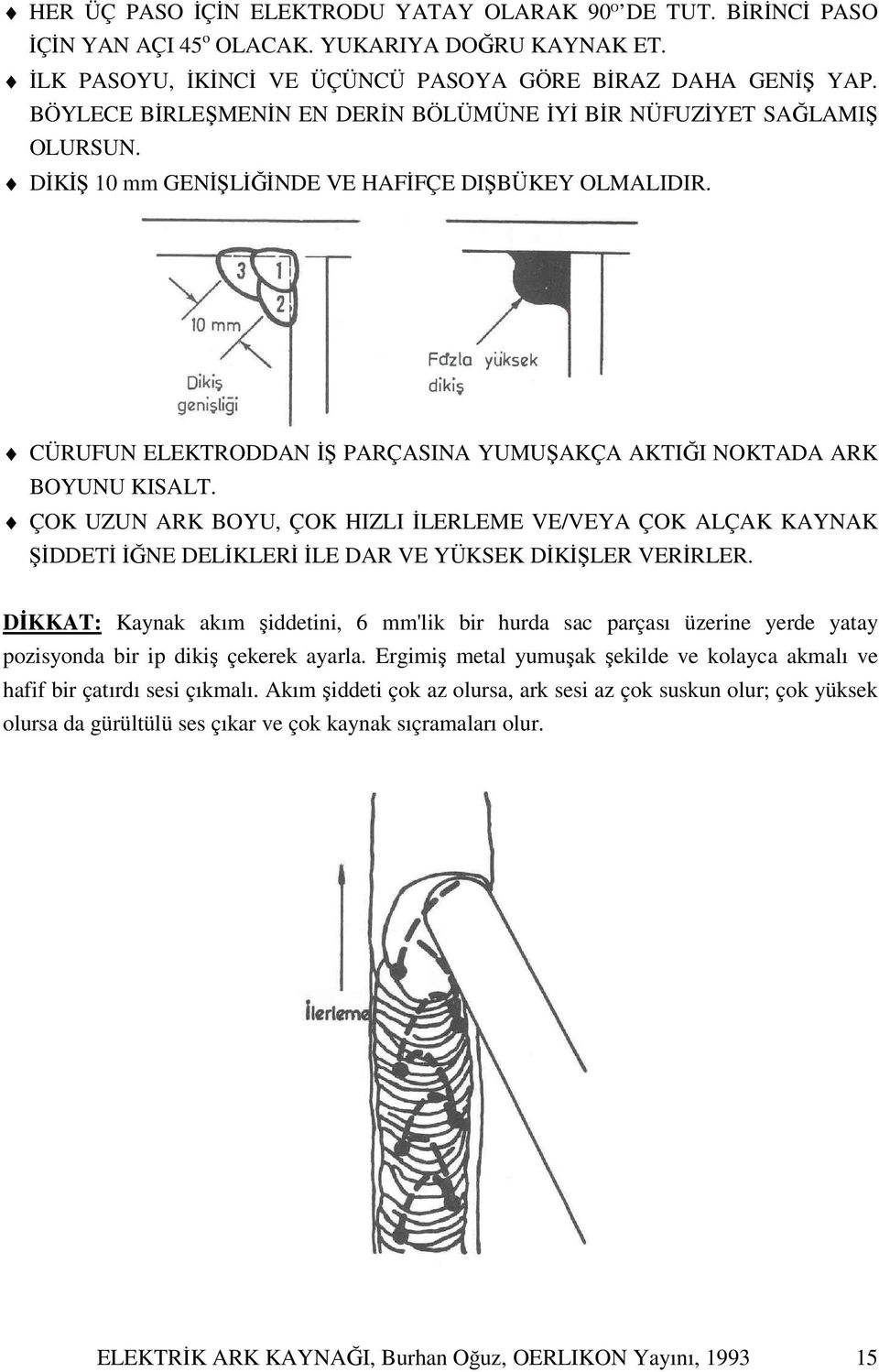 CÜRUFUN ELEKTRODDAN İŞ PARÇASINA YUMUŞAKÇA AKTIĞI NOKTADA ARK BOYUNU KISALT. ÇOK UZUN ARK BOYU, ÇOK HIZLI İLERLEME VE/VEYA ÇOK ALÇAK KAYNAK ŞİDDETİ İĞNE DELİKLERİ İLE DAR VE YÜKSEK DİKİŞLER VERİRLER.