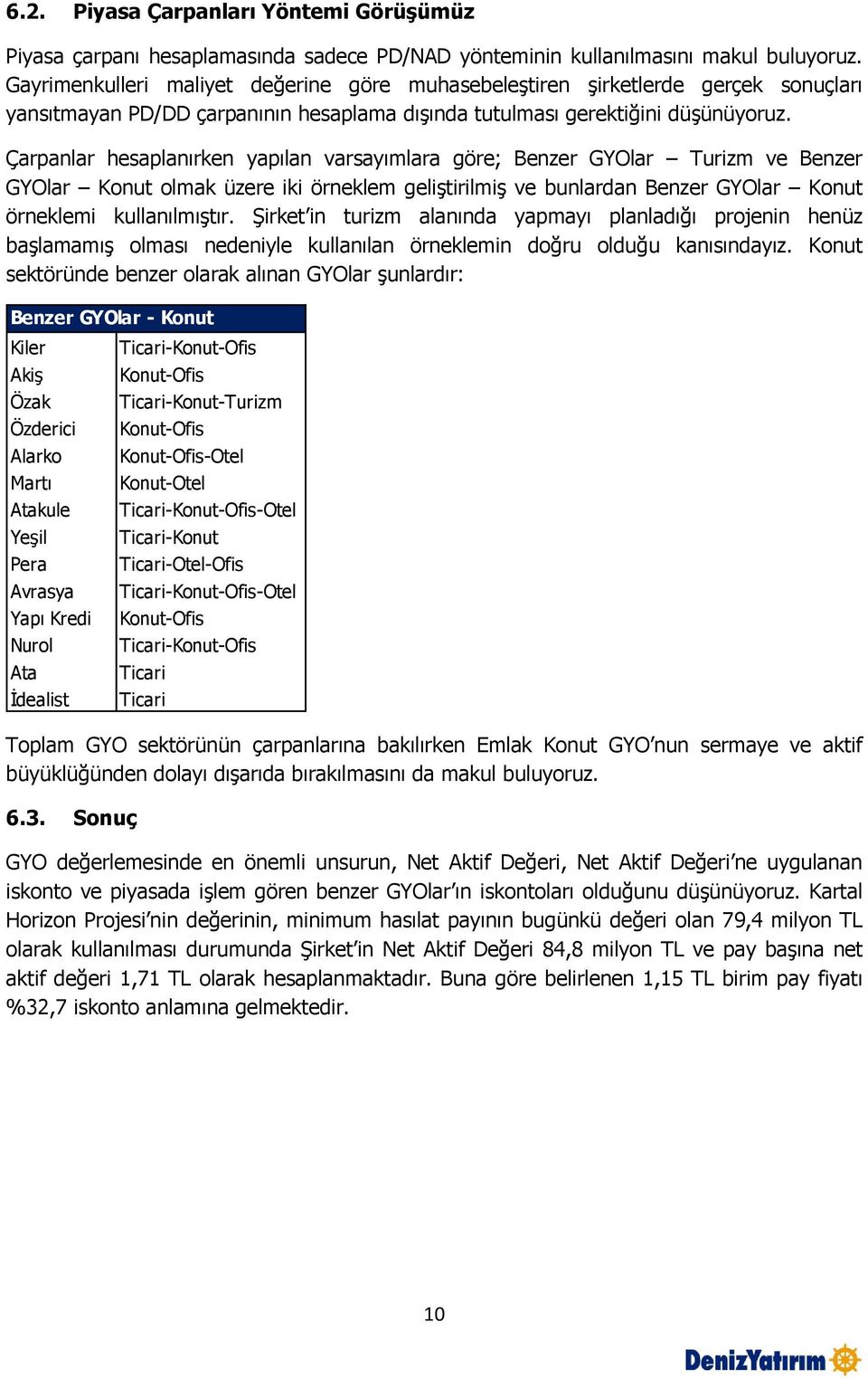 Çarpanlar hesaplanırken yapılan varsayımlara göre; Benzer GYOlar Turizm ve Benzer GYOlar Konut olmak üzere iki örneklem geliştirilmiş ve bunlardan Benzer GYOlar Konut örneklemi kullanılmıştır.