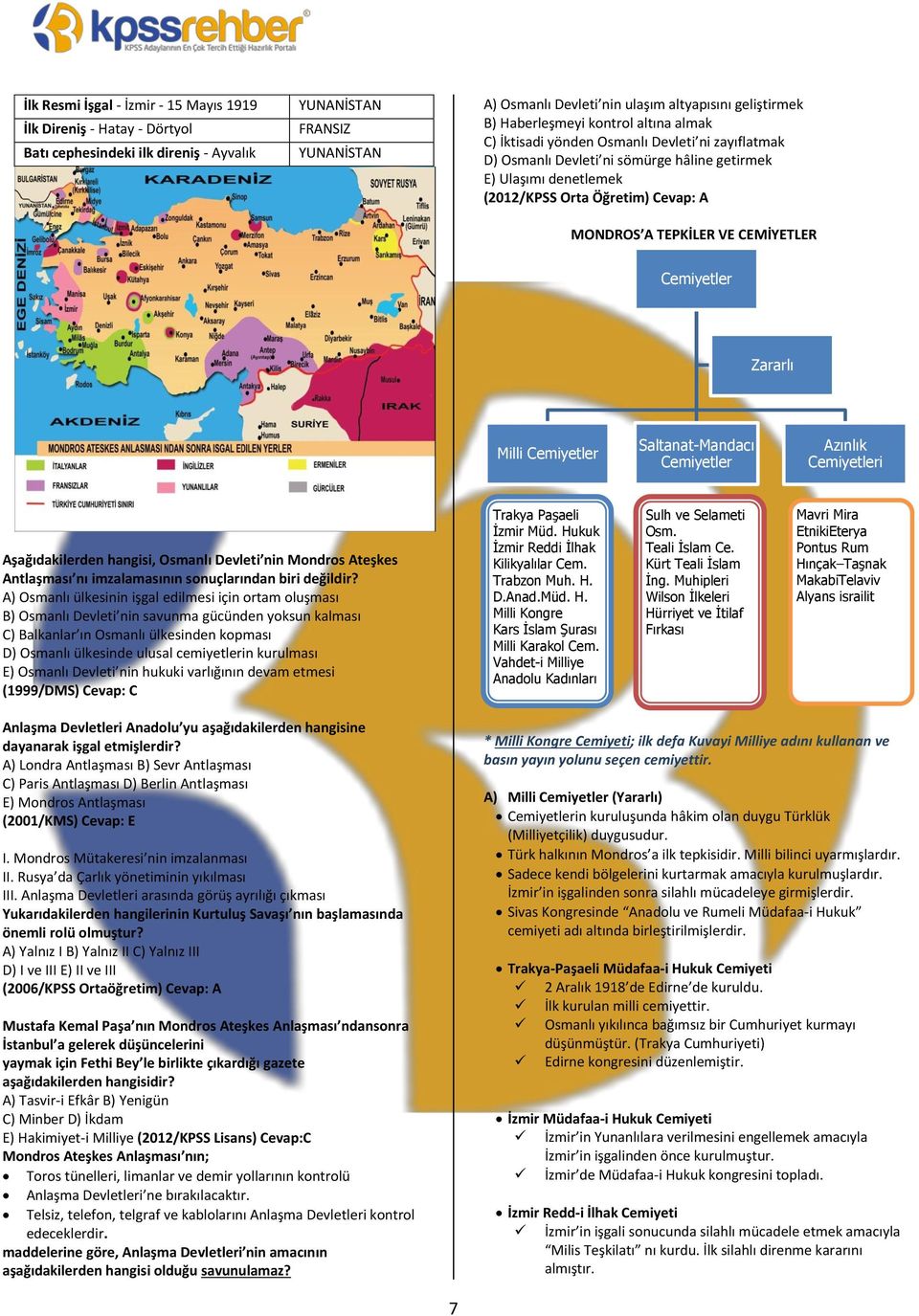 VE CEMİYETLER Cemiyetler Zararlı Milli Cemiyetler Trakya Paşaeli İzmir Müd. Hukuk İzmir Reddi İlhak Kilikyalılar Cem. Trabzon Muh. H. D.Anad.Müd. H. Milli Kongre Kars İslam Şurası Milli Karakol Cem.