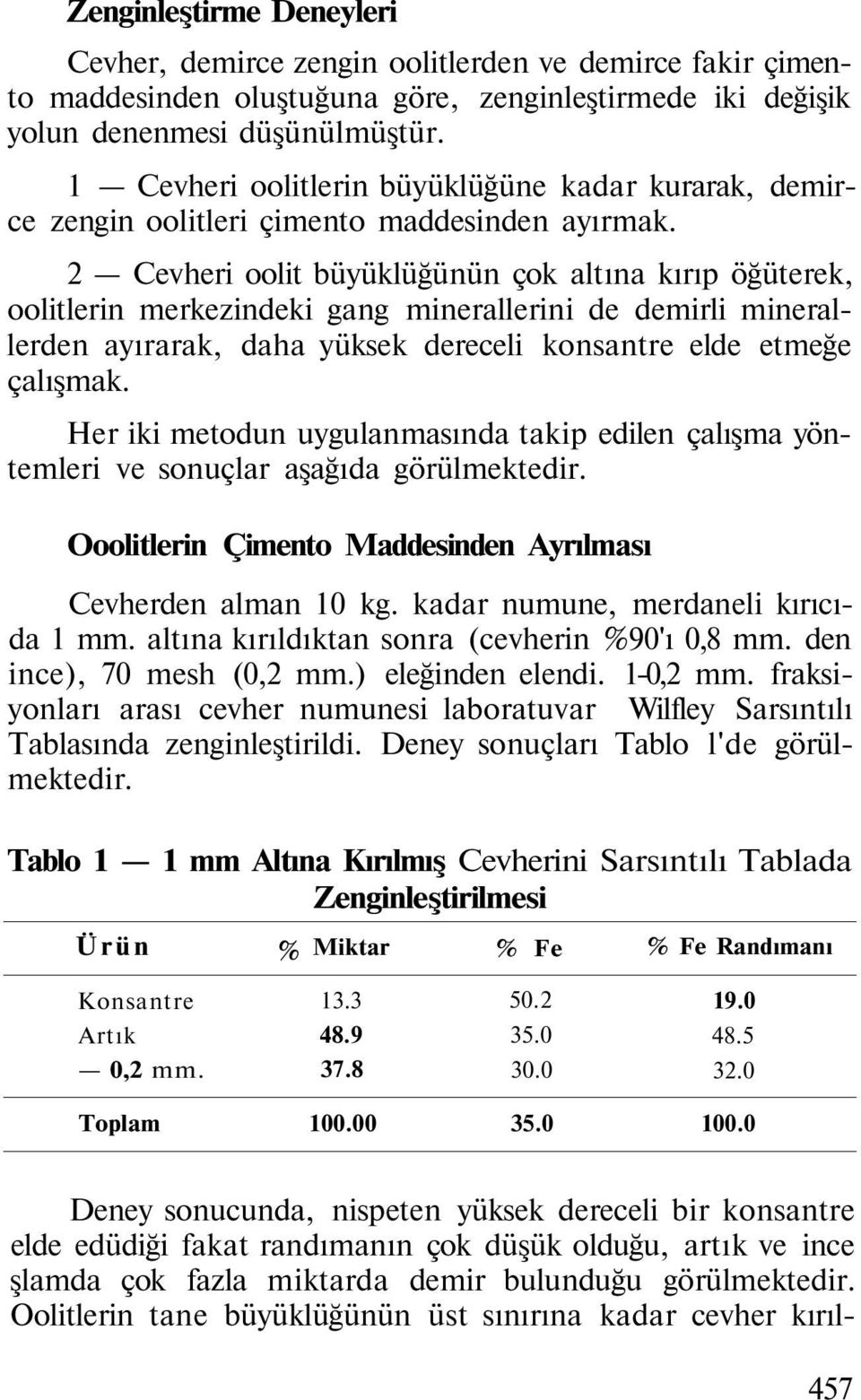 2 Cevheri oolit büyüklüğünün çok altına kırıp öğüterek, oolitlerin merkezindeki gang minerallerini de demirli minerallerden ayırarak, daha yüksek dereceli konsantre elde etmeğe çalışmak.