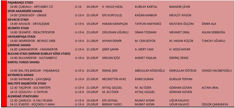 GRUP HAKAN KARAPIÇAK TAYFUN HAKYEMEZ MUSTAFA ÖLÇÜM ÖMER ALA SELİMİYE STADI 14:00 SELİMİYE - İDEALTEPESPOR U-19 A 23.