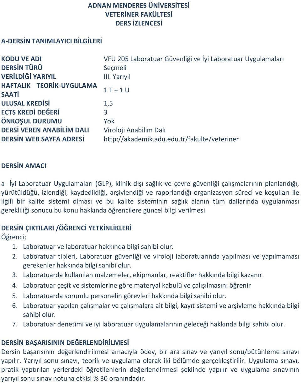 Yarıyıl HAFTALIK TEORİK-UYGULAMA SAATİ 1 T + 1 U ULUSAL KREDİSİ 1,5 ECTS KREDİ DEĞERİ 3 ÖNKOŞUL DURUMU Yok DERSİ VEREN ANABİLİM DALI Viroloji Anabilim Dalı DERSİN WEB SAYFA ADRESİ http://akademik.adu.