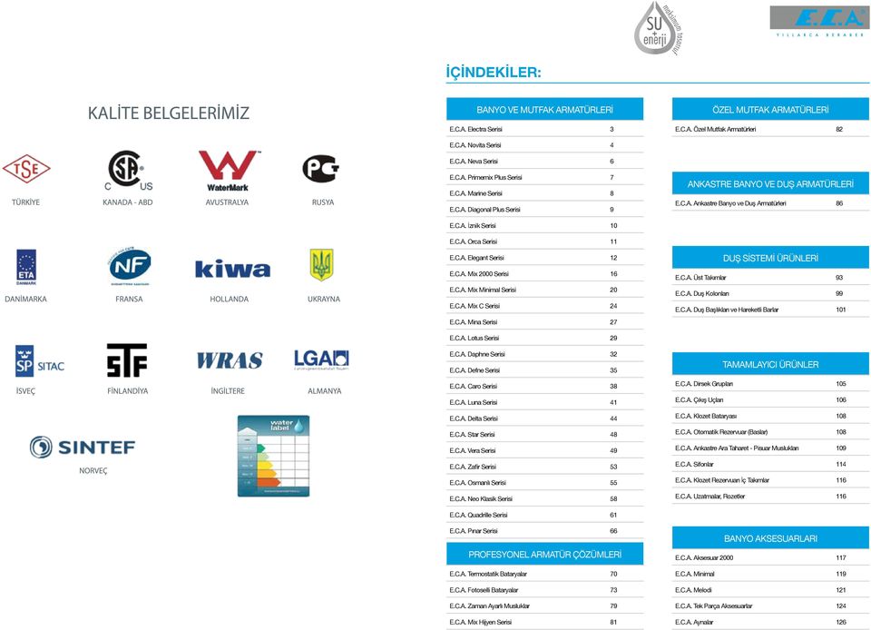 C.A. Mix C Serisi E.C.A. Mina Serisi 7 DUŞ SİSTEMİ ÜRÜNLERİ E.C.A. Üst Takımlar 93 E.C.A. Duş Kolonları 99 E.C.A. Duş Başlıkları ve Hareketli Barlar 0 E.C.A. Lotus Serisi 9 E.C.A. Daphne Serisi 3 E.C.A. Defne Serisi 35 E.
