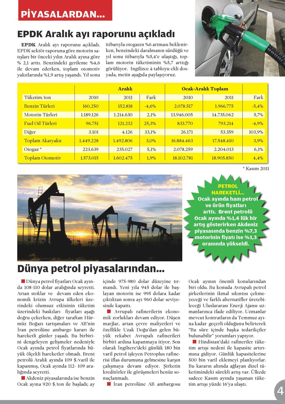 Yıl sonu itibarıyla otogazın %6 artması beklenirken, benzindeki daralmanın sürdüğü ve yıl sonu itibarıyla %5,4 e ulaştığı, toplam motorin tüketiminin %5,7 arttığı görülüyor.