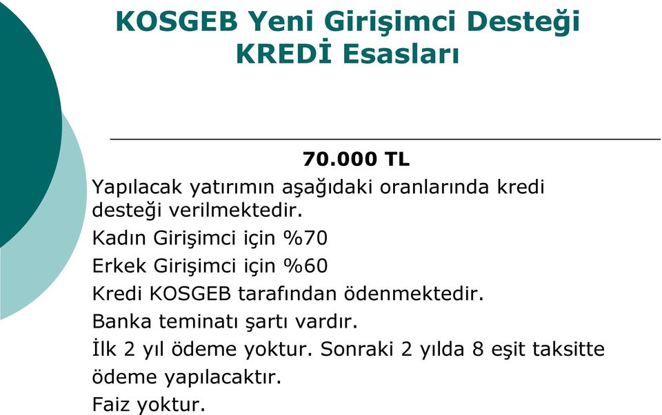 Kadın GiriĢimci için %70 Erkek GiriĢimci için %60 Kredi KOSGEB tarafından