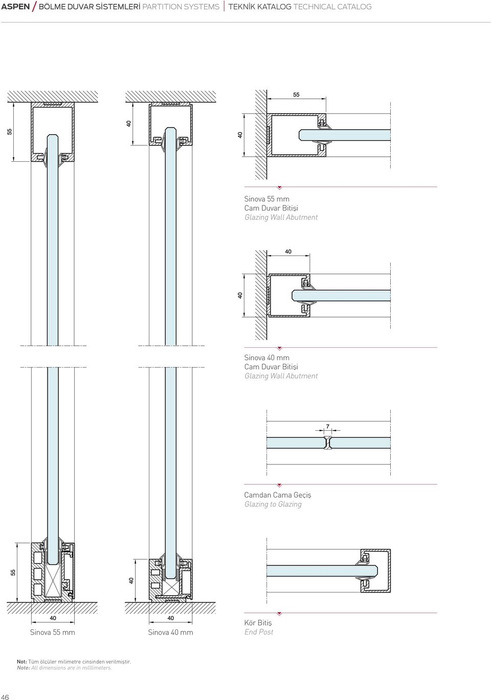 Abutment Camdan Cama Geçiş Glazing to Glazing Sinova 55 mm Sinova 40 mm Kör Bitiş End