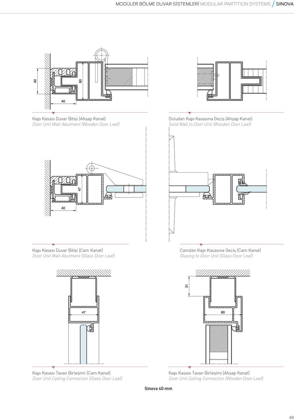 (Glass Door Leaf) Camdan Kapı Kasasına Geçiş (Cam Kanat) Glazing to Door Unit (Glass Door Leaf) Kapı Kasası Tavan Birleşimi (Cam Kanat)