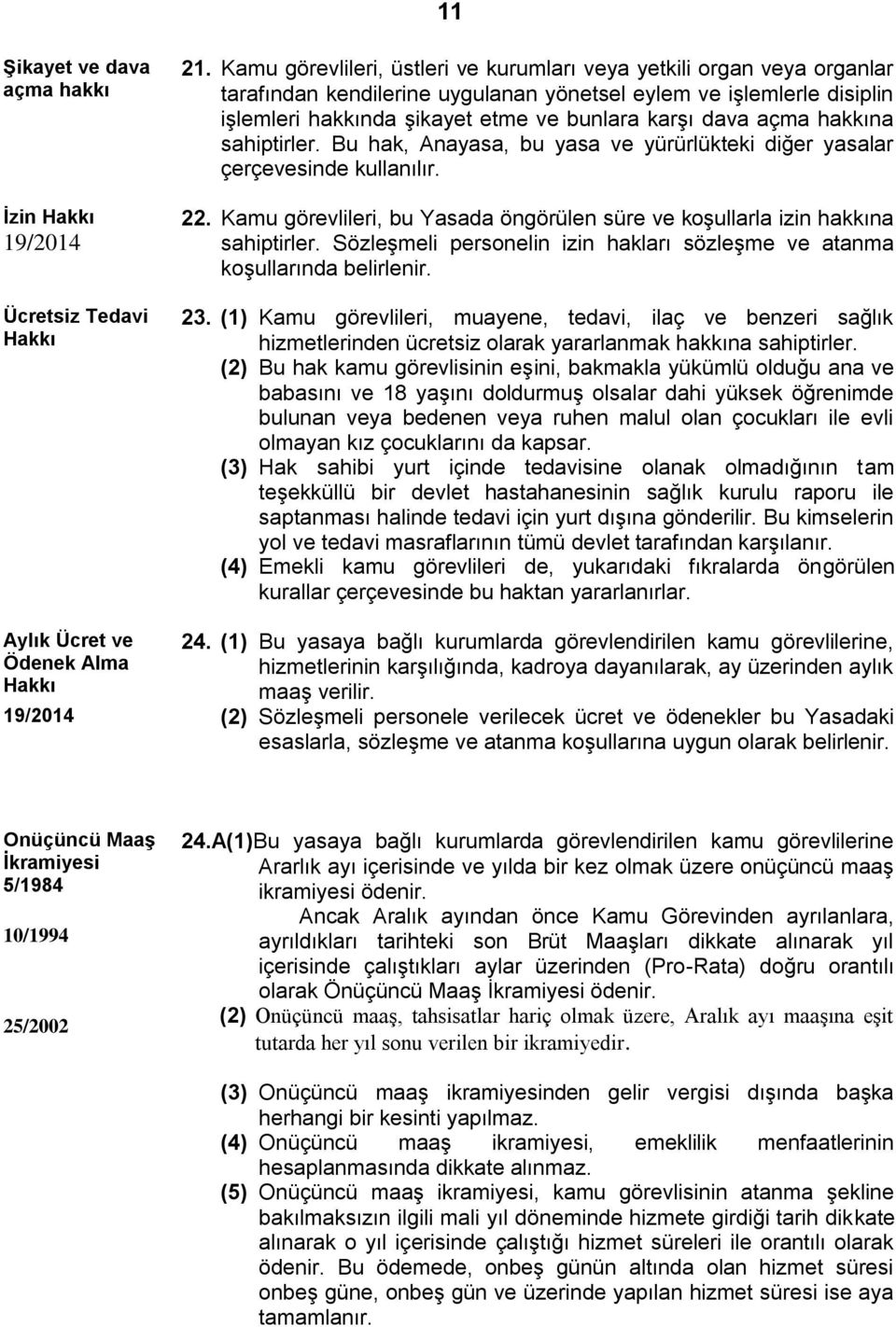 açma hakkına sahiptirler. Bu hak, Anayasa, bu yasa ve yürürlükteki diğer yasalar çerçevesinde kullanılır. 22. Kamu görevlileri, bu Yasada öngörülen süre ve koşullarla izin hakkına sahiptirler.