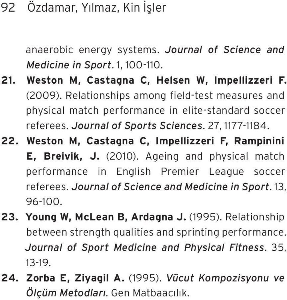 Weston M, Castagna C, Impellizzeri F, Rampinini E, Breivik, J. (2010). Ageing and physical match performance in English Premier League soccer referees. Journal of Science and Medicine in Sport.