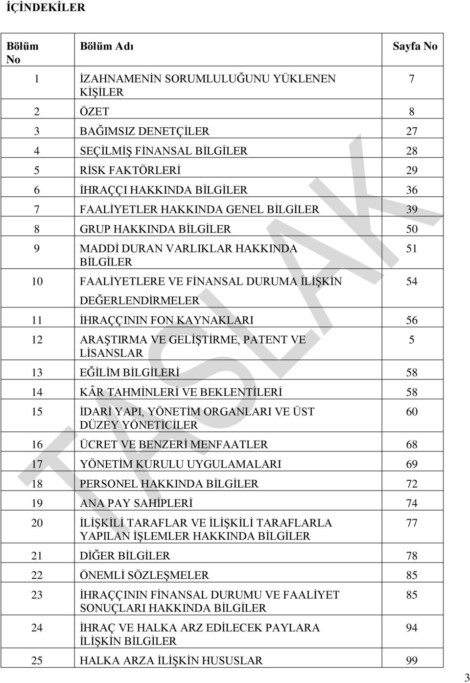 KAYNAKLARI 56 12 ARAġTIRMA VE GELĠġTĠRME, PATENT VE LĠSANSLAR 13 EĞĠLĠM BĠLGĠLERĠ 58 14 KÂR TAHMĠNLERĠ VE BEKLENTĠLERĠ 58 15 ĠDARĠ YAPI, YÖNETĠM ORGANLARI VE ÜST DÜZEY YÖNETĠCĠLER 16 ÜCRET VE BENZERĠ