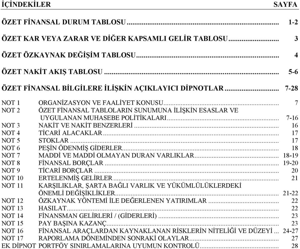 .. 16 NOT 4 TİCARİ ALACAKLAR... 17 NOT 5 STOKLAR... 17 NOT 6 PEŞİN ÖDENMİŞ GİDERLER... 18 NOT 7 MADDİ VE MADDİ OLMAYAN DURAN VARLIKLAR... 18-19 NOT 8 FİNANSAL BORÇLAR... 19-20 NOT 9 TİCARİ BORÇLAR.