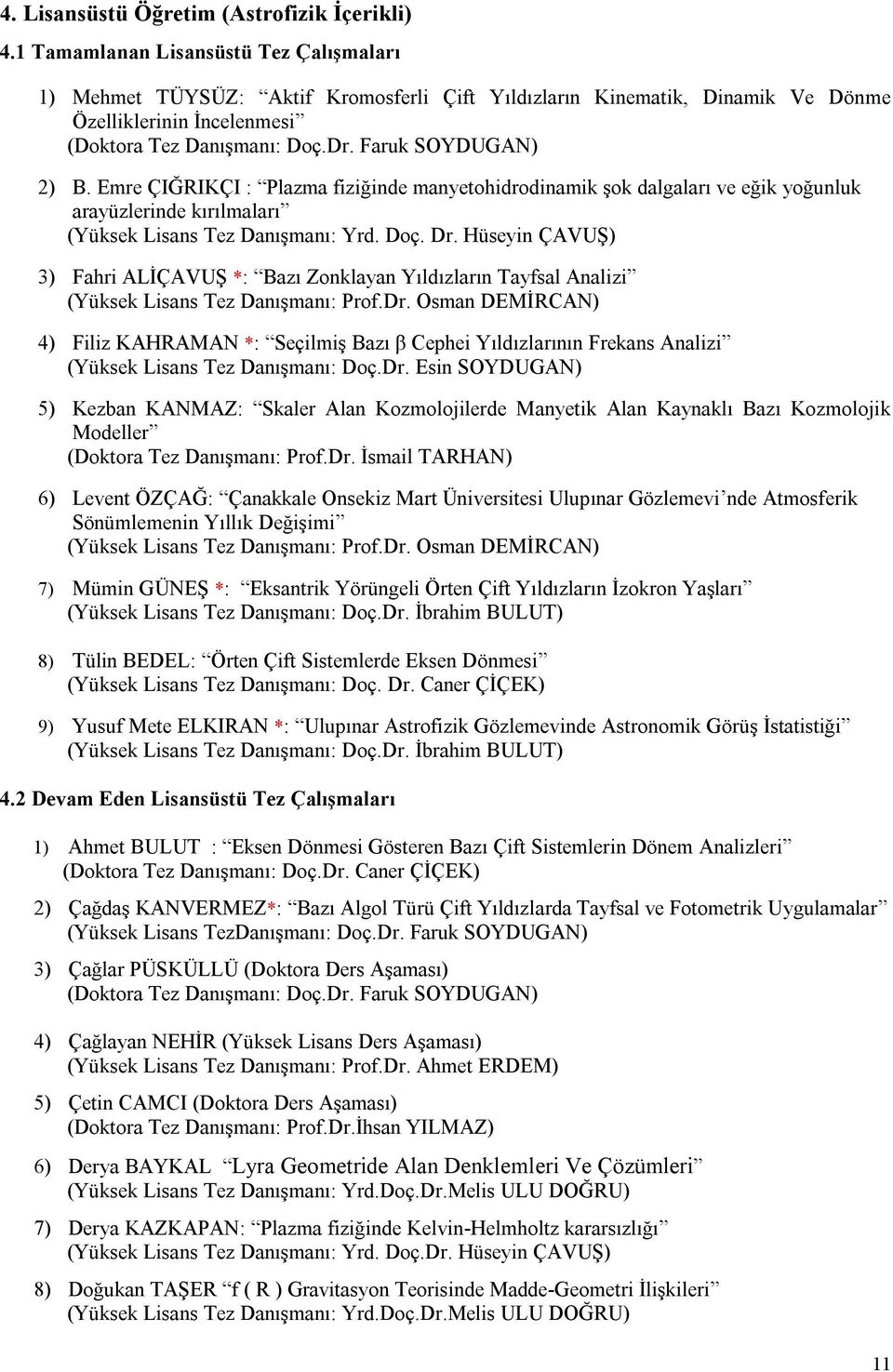 Faruk SOYDUGAN) 2) B. Emre ÇIĞRIKÇI : Plazma fiziğinde manyetohidrodinamik şok dalgaları ve eğik yoğunluk arayüzlerinde kırılmaları (Yüksek Lisans Tez Danışmanı: Yrd. Doç. Dr.