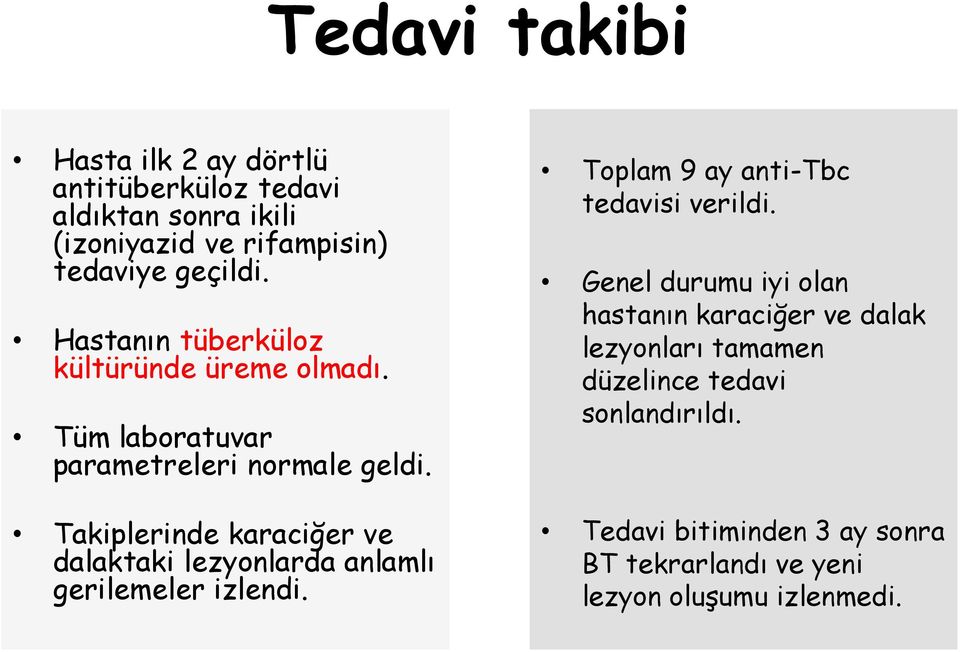 Takiplerinde karaciğer ve dalaktaki lezyonlarda anlamlı gerilemeler izlendi. Toplam 9 ay anti-tbc tedavisi verildi.