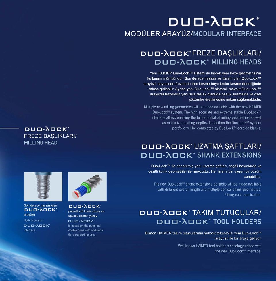 Ayrıca yeni Duo-Lock sistemi, mevcut Duo-Lock arayüzlü frezelerin yanı sıra taslak olarakta başlık sunmakta ve özel çözümler üretilmesine imkan sağlamaktadır.