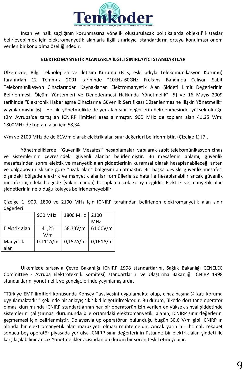 ELEKTROMANYETİK ALANLARLA İLGİLİ SINIRLAYICI STANDARTLAR Ülkemizde, Bilgi Teknolojileri ve İletişim Kurumu (BTK, eski adıyla Telekomünikasyon Kurumu) tarafından 12 Temmuz 2001 tarihinde 10kHz-60GHz