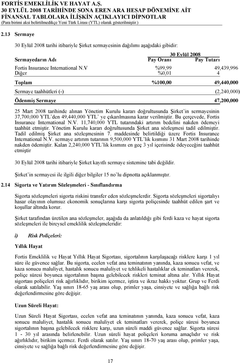 sermayesinin 37,700,000 YTL den 49,440,000 YTL ye çıkarılmasına karar verilmiştir. Bu çerçevede, Fortis Insurance International N.V.