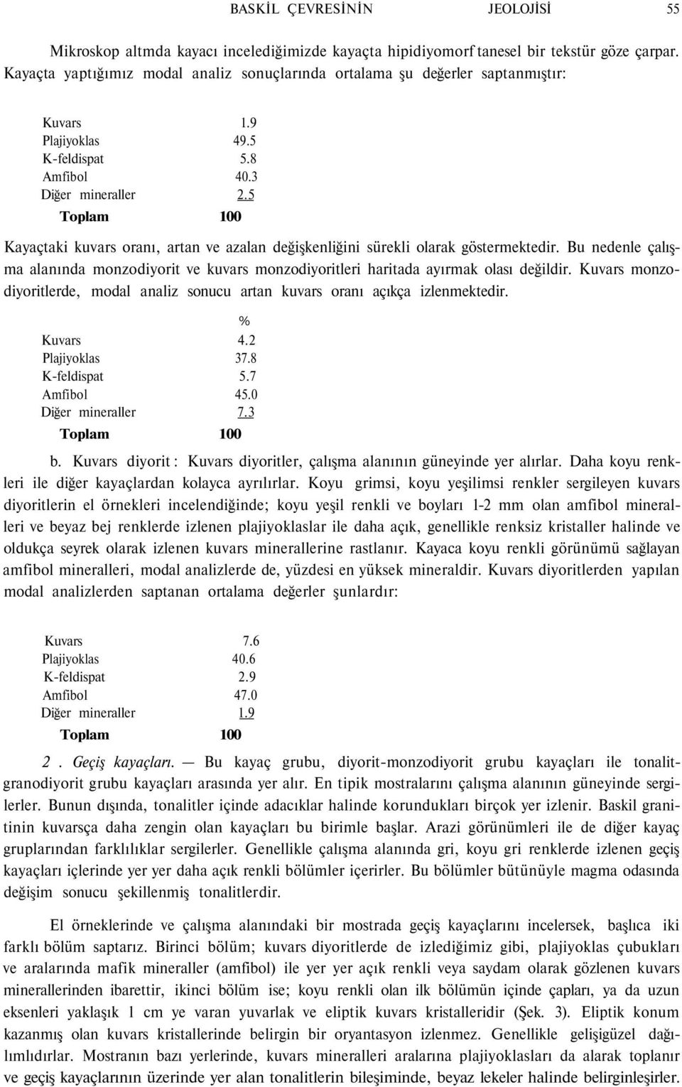 5 Toplam 100 Kayaçtaki kuvars oranı, artan ve azalan değişkenliğini sürekli olarak göstermektedir. Bu nedenle çalışma alanında monzodiyorit ve kuvars monzodiyoritleri haritada ayırmak olası değildir.