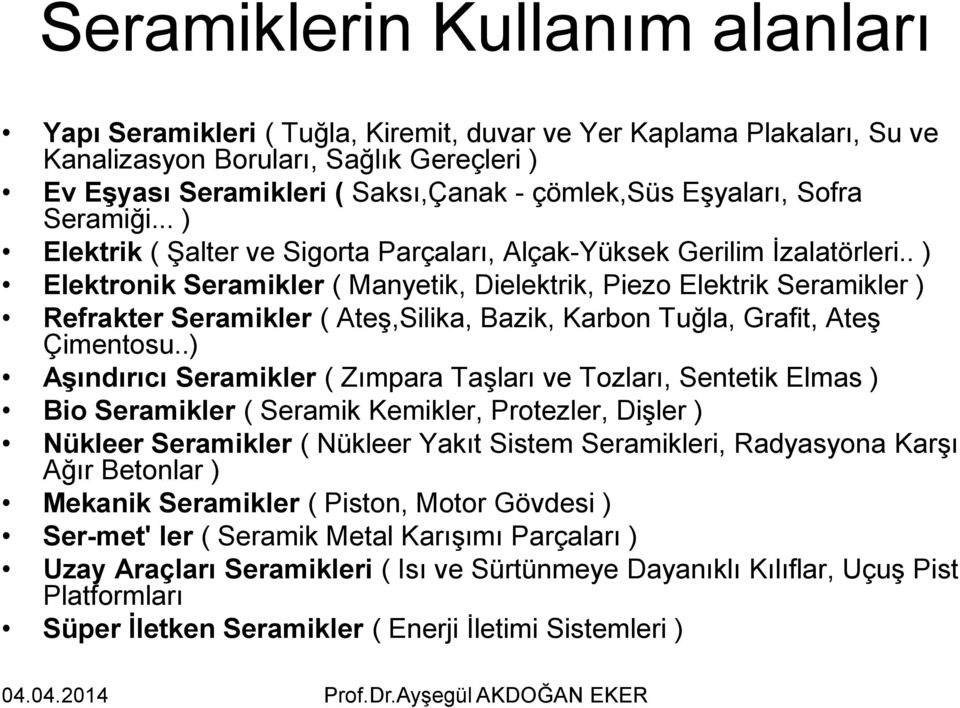 . ) Elektronik Seramikler ( Manyetik, Dielektrik, Piezo Elektrik Seramikler ) Refrakter Seramikler ( Ateş,Silika, Bazik, Karbon Tuğla, Grafit, Ateş Çimentosu.