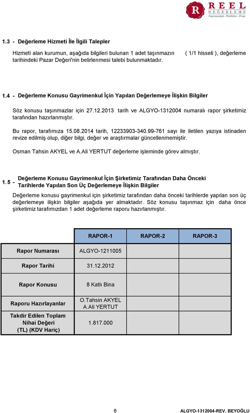 2013 tarih ve ALGYO-1312004 numaralı rapor şirketimiz tarafından hazırlanmıştır. Bu rapor, tarafımıza 15.08.2014 tarih, 12233903-340.