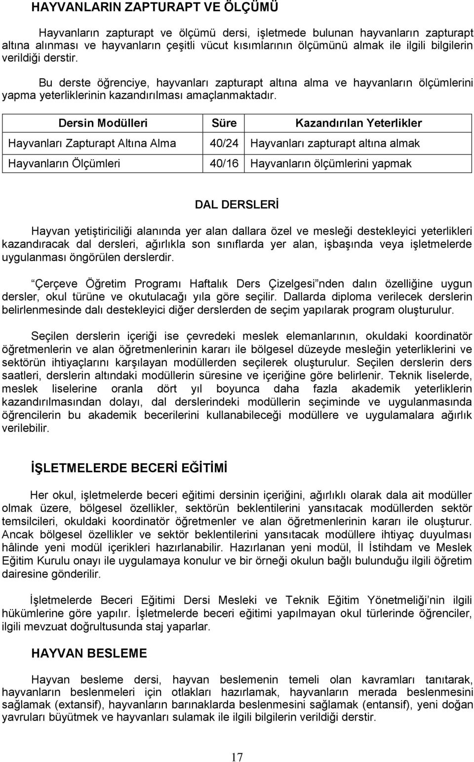 Hayvanları Zapturapt Altına Alma Hayvanların Ölçümleri 40/24 Hayvanları zapturapt altına almak 40/16 Hayvanların ölçümlerini yapmak DAL DERSLERİ Hayvan yetiştiriciliği alanında yer alan dallara özel