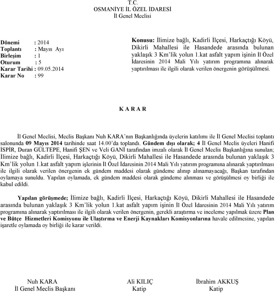 , Meclis Başkanı Nuh KARA nın Başkanlığında üyelerin katılımı ile toplantı salonunda 09 Mayıs 2014 tarihinde saat 14.00 da toplandı.