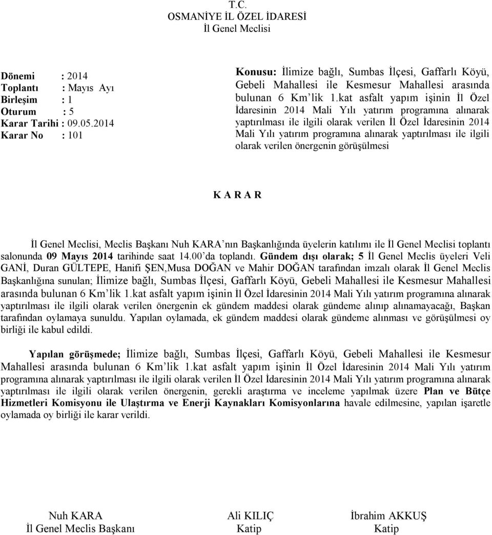 ile ilgili olarak verilen önergenin görüşülmesi, Meclis Başkanı Nuh KARA nın Başkanlığında üyelerin katılımı ile toplantı salonunda 09 Mayıs 2014 tarihinde saat 14.00 da toplandı.