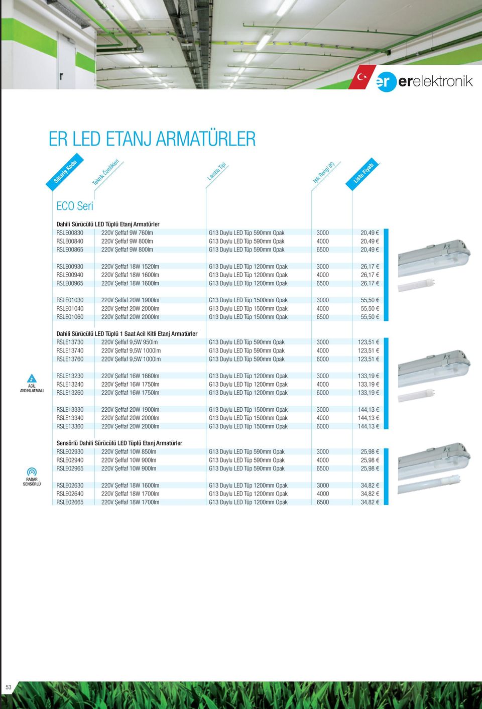 55,50 55,50 Dahili Sürücülü LED Tüplü 1 Saat Acil Kitli Etanj Armatürler RSLE13730 220V Șeffaf 9,5W 950lm RSLE13740 220V Șeffaf 9,5W 1000lm RSLE13760 220V Șeffaf 9,5W 1000lm 123,51 123,51 123,51