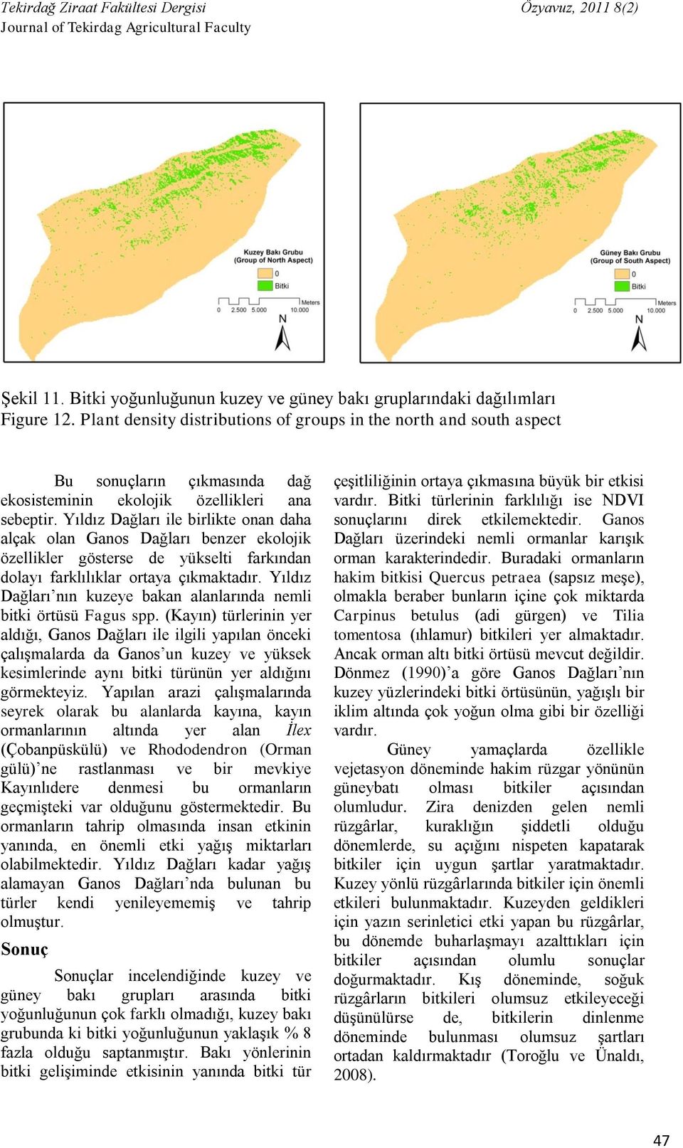 Yıldız Dağları ile birlikte onan daha alçak olan Ganos Dağları benzer ekolojik özellikler gösterse de yükselti farkından dolayı farklılıklar ortaya çıkmaktadır.