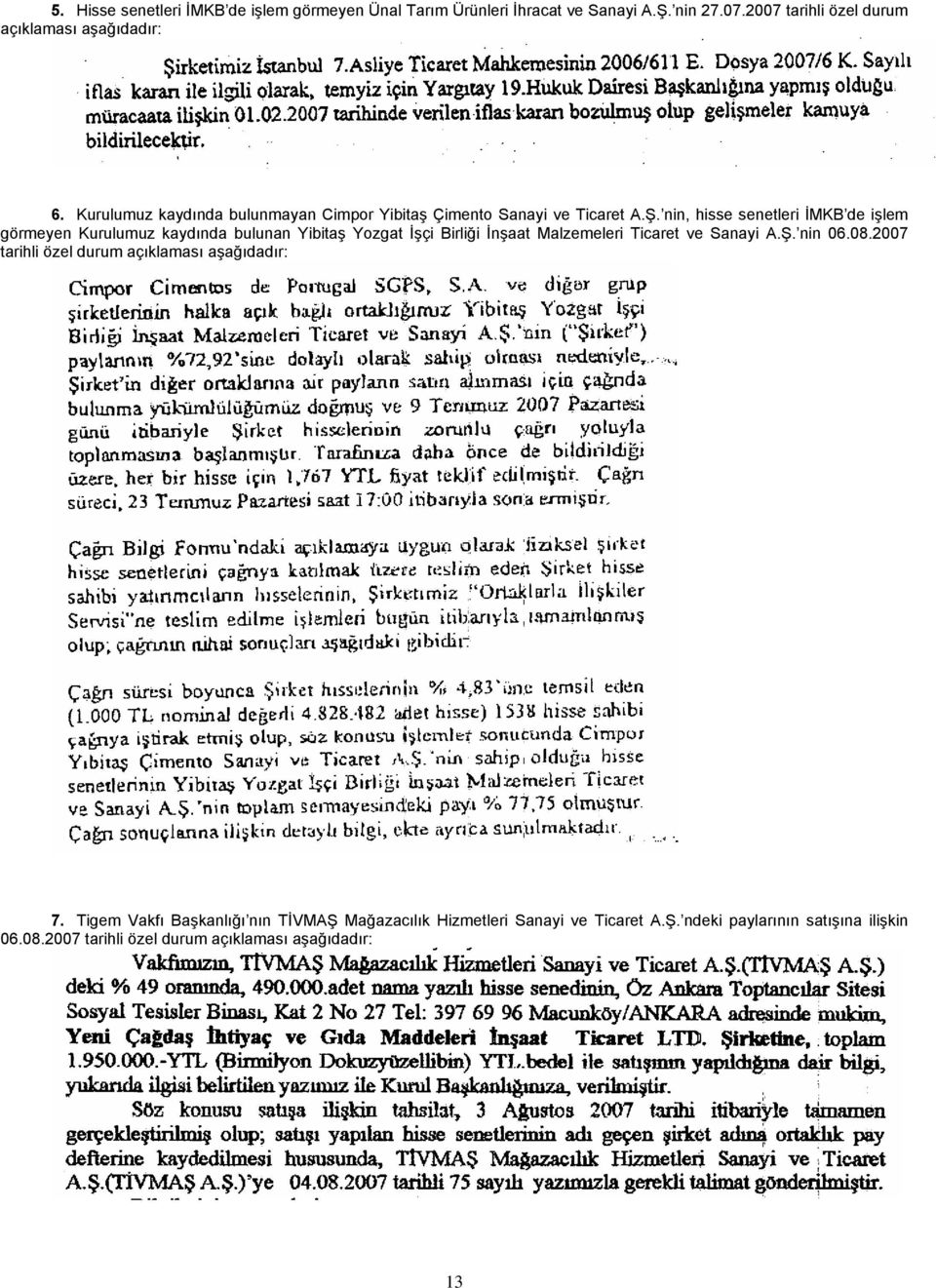 nin, hisse senetleri İMKB de işlem görmeyen Kurulumuz kaydında bulunan Yibitaş Yozgat İşçi Birliği İnşaat Malzemeleri Ticaret ve Sanayi A.Ş. nin 06.