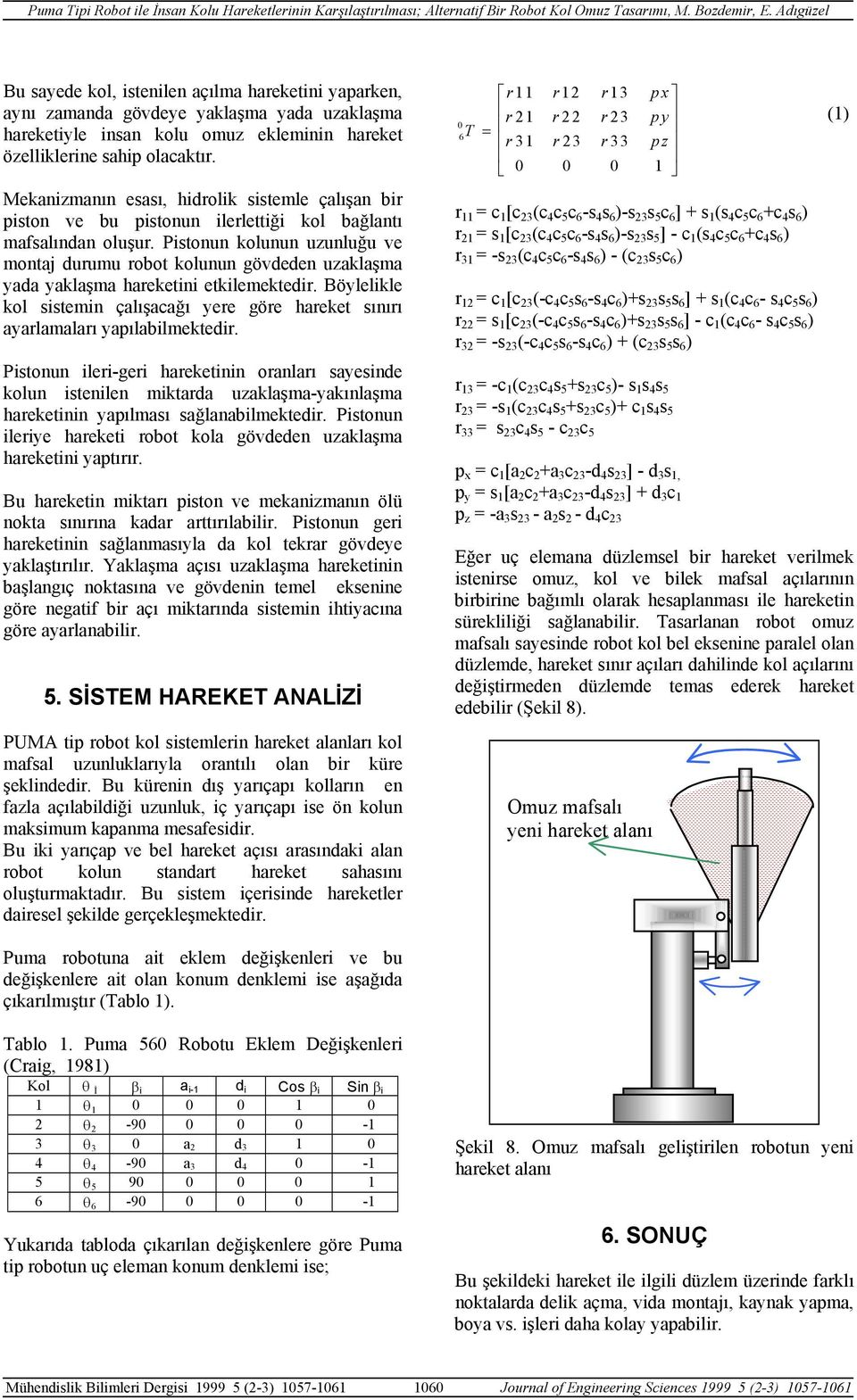 Pistonun kolunun uzunluğu ve montaj durumu robot kolunun gövdeden uzaklaşma yada yaklaşma hareketini etkilemektedir.